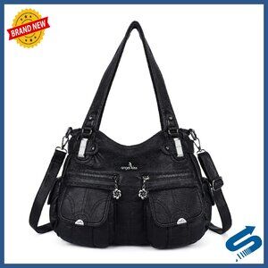 Large Washed Leather Satchel with Double Zipper & Multi Pockets